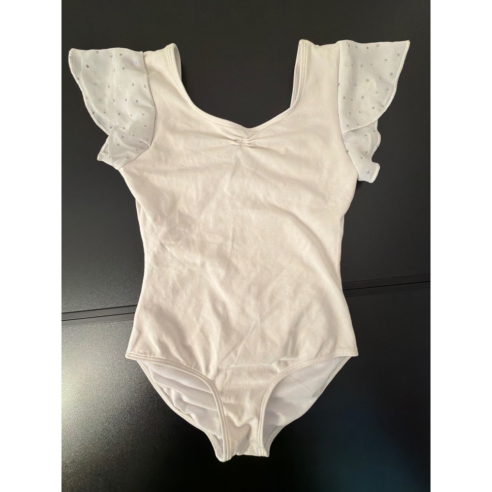 Bloch Leotard Girls S/M 8-10 White Excellent Flutter Sleeve‎ Rhinestone Ballet